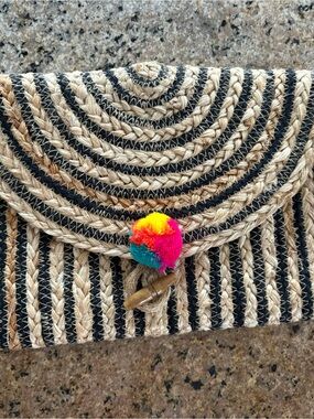 Woven Straw Clutch with Multicolor Pom Pom